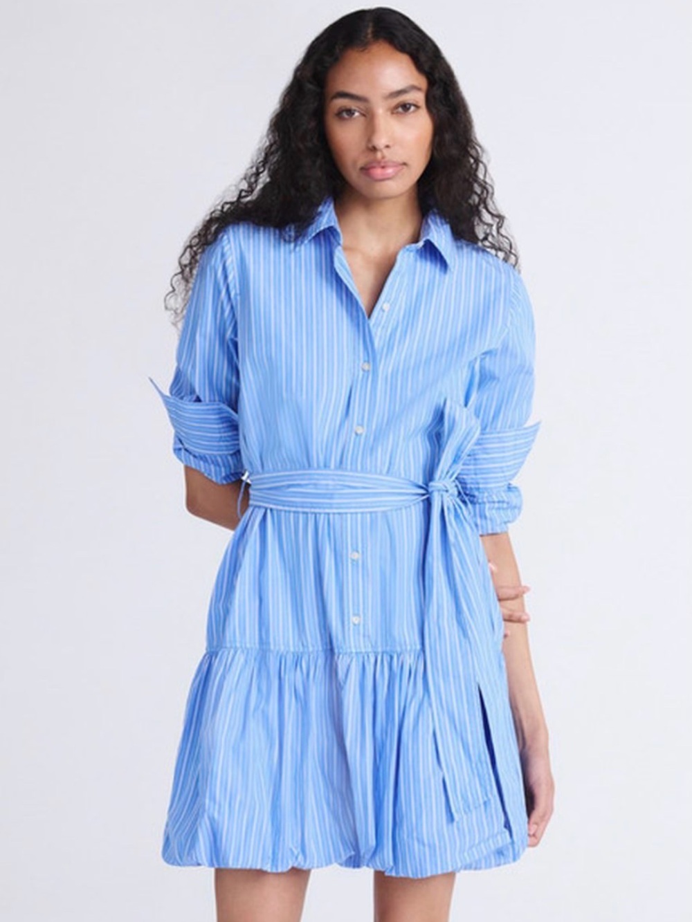 NWT Free Assembly Blue Striped Mini Shirt Dress with Tie Waist and Bubble Hem